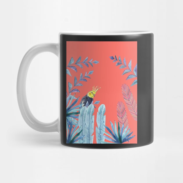 Cockatiel with tropical foliage and coral pink background by Sandraartist